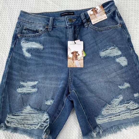 Sincerely Jules Jr’s Sz 7 W28 Med Blue High Rise Wedge Distressed Denim Shorts - Picture 1 of 4